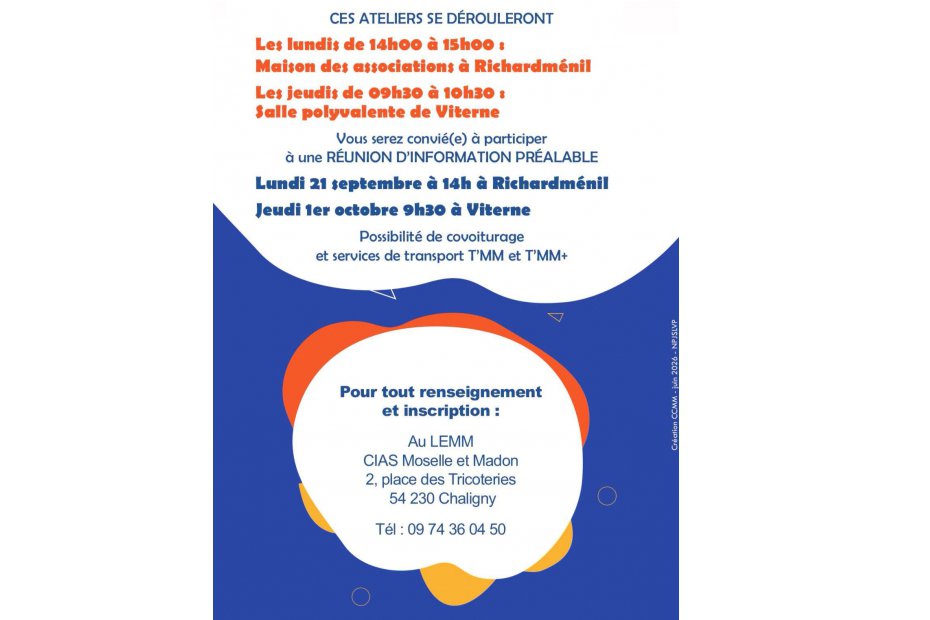 Ateliers : Bien vieillir (sur inscription) - Réunion d'information le 21 Septembre